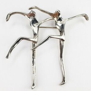 Sterling Silver 925 Two Dancing Figural People Vintage Mexico Brooch Pin Large